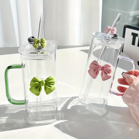Durable Chic Pink Bow 1pc Glass Cup - With Handle, Straw & Sealed Lid for Iced Tea, Coffee, Beer, Juice - Clear Reusable Beverage Glass with Decorative Accessory